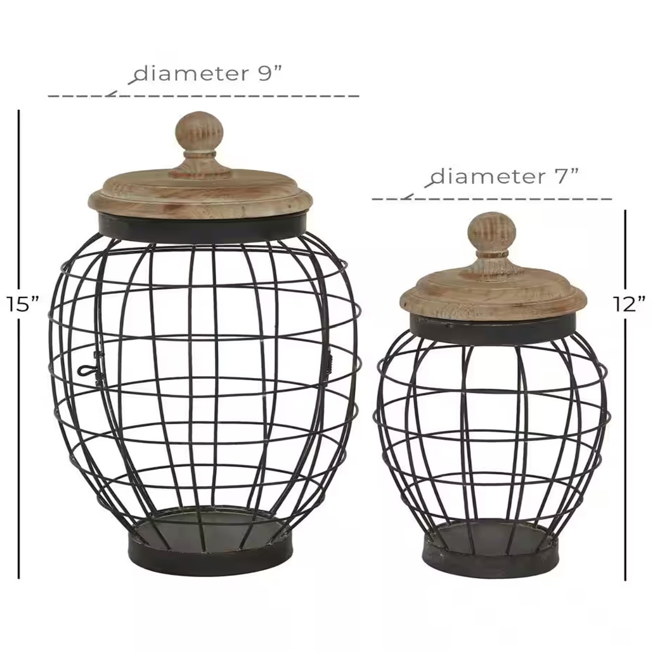 Black Metal Caged Style Decorative Jars with Wood Lids (Set of 2)